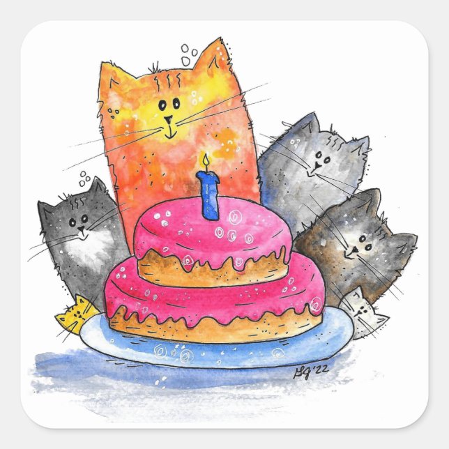 Pegatina Cuadrada Gatos caprichosos con pastel de cumpleaños (Anverso)