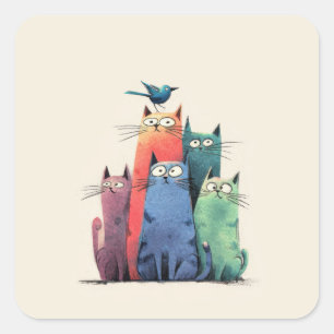 Pegatina Cuadrada Gatos Coloridos Apilados – Arte de Gatos Caprichos