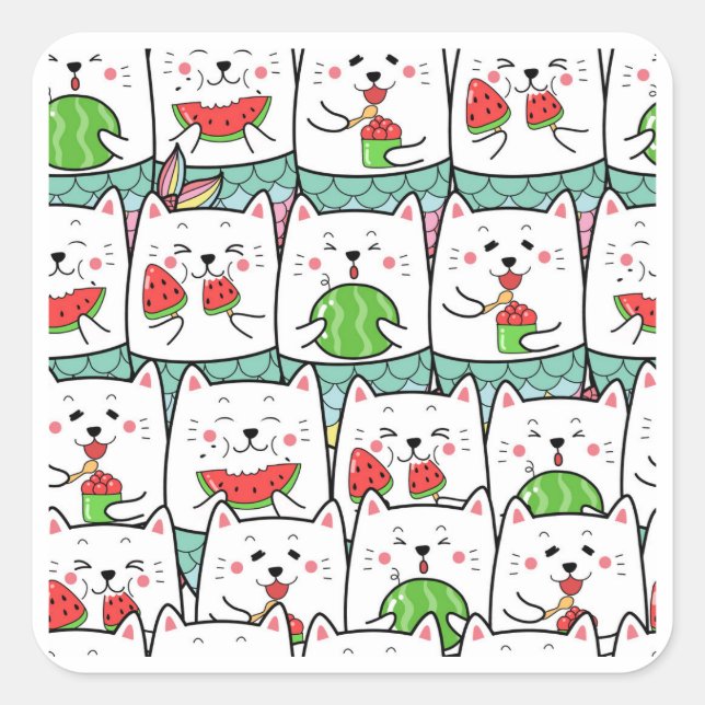 Pegatina Cuadrada Gatos comiendo sandía (Anverso)