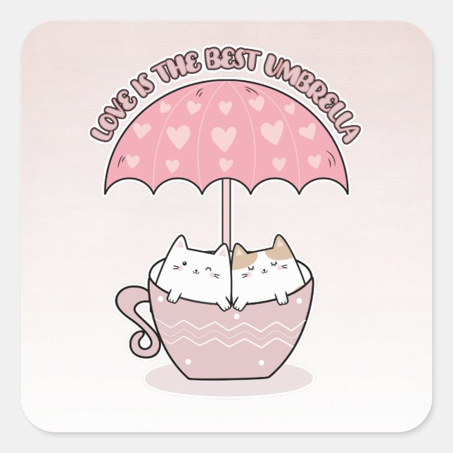 Pegatina Cuadrada Gatos cortos en la taza bajo el paraguas (Anverso)