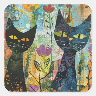 Pegatina Cuadrada Gatos de color de agua boho - Arte de felina de ti