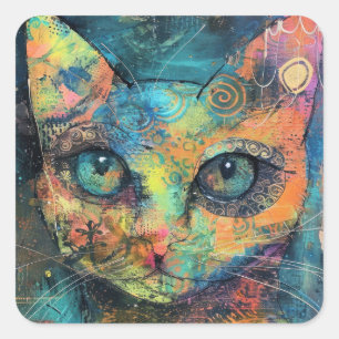 Pegatina Cuadrada Gatos de color de agua boho - Arte felino de tierr