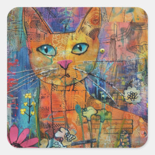 Pegatina Cuadrada Gatos de color de agua boho - Arte felino de tierr