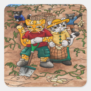 Pegatina Cuadrada Gatos De Granja De Cosecha De Papa