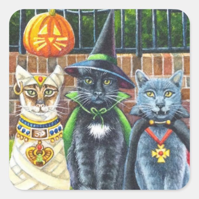 Pegatina Cuadrada Gatos de Halloween en arte acuático de disfraces (Anverso)