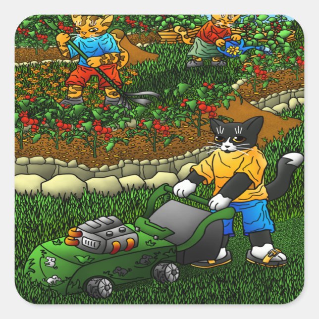 Pegatina Cuadrada Gatos de jardinería de verano (Anverso)