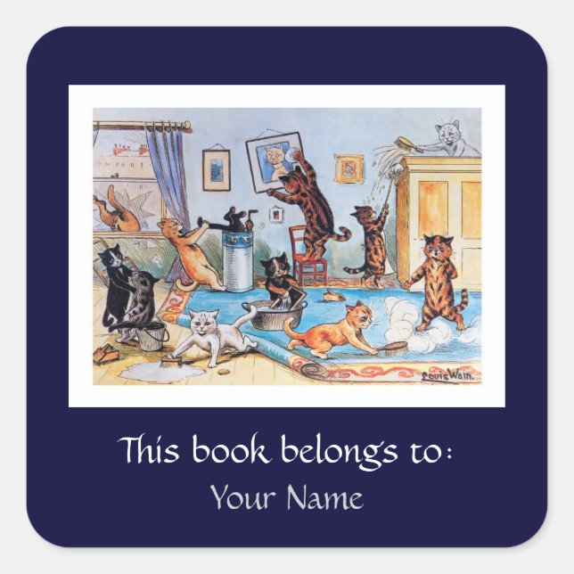 Pegatina Cuadrada Gatos de limpieza de primavera de Louis Wain (Anverso)