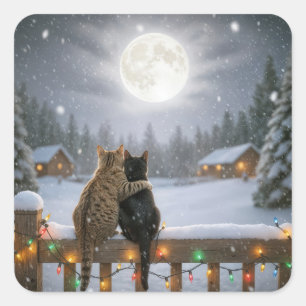 Pegatina Cuadrada Gatos de Navidad Acurrucados en una Valla Nevada