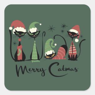 Pegatina Cuadrada Gatos de Navidad de mediados de siglo estilo atómi