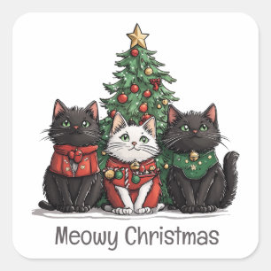 Pegatina Cuadrada Gatos de Navidad Meowy Árbol de Fiesta