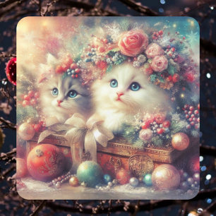 Pegatina Cuadrada Gatos de Navidad Victorianos Caprichosos