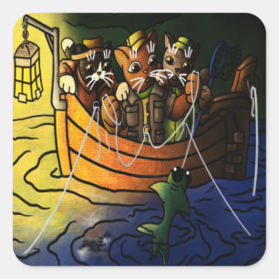 Pegatina Cuadrada Gatos de pesca nocturna