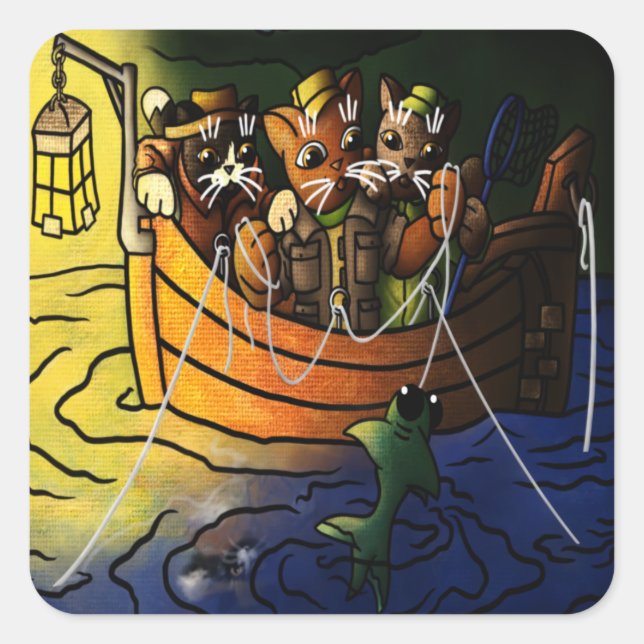 Pegatina Cuadrada Gatos de pesca nocturna (Anverso)