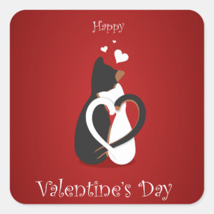 Pegatina Cuadrada Gatos de San Valentín con colas de corazón entrela
