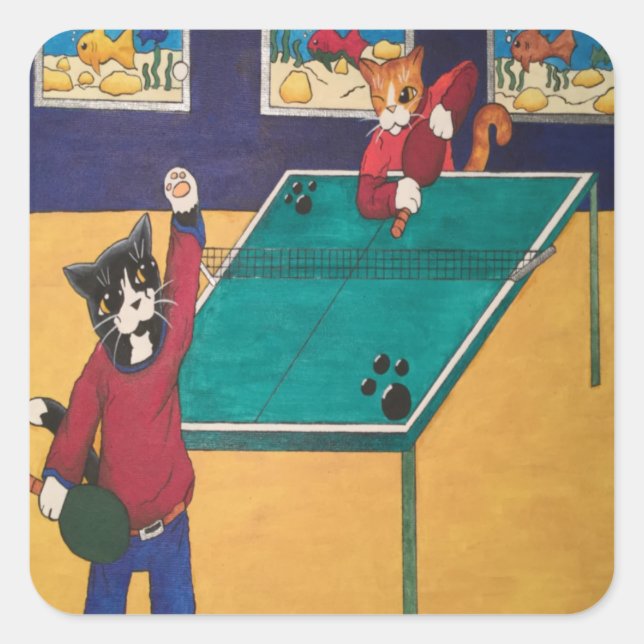 Pegatina Cuadrada Gatos de tenis de mesa (Anverso)