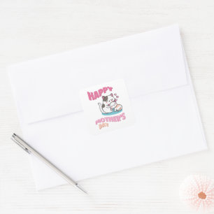 Pegatina Cuadrada Gatos del Día de la Madre, estilo kawaii