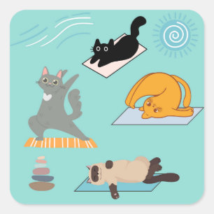 Pegatina Cuadrada Gatos Divertidos En Yoga