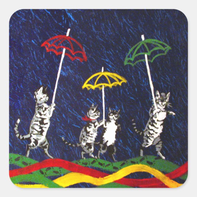 Pegatina Cuadrada Gatos en la lluvia (Anverso)