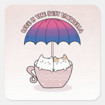 Gatos en taza bajo paraguas en colores bisexuales