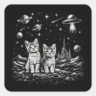 Pegatina Cuadrada Gatos Espaciales en el Cosmos