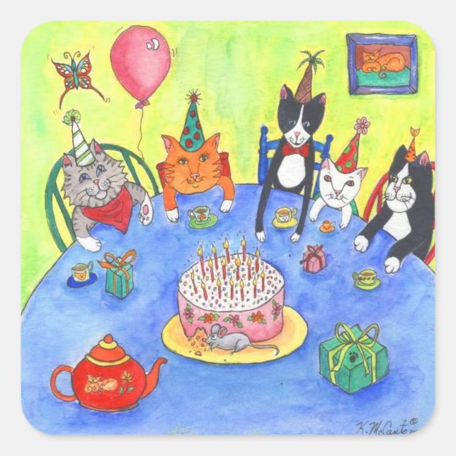 Pegatina Cuadrada ¡Gatos fiestas! Birday kitty cats divertidas tarje (Anverso)
