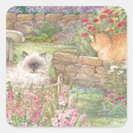 Pegatina Cuadrada gatos ilustrados en el jardín