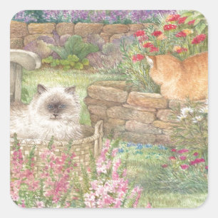 Pegatina Cuadrada gatos ilustrados en jardín