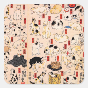 Pegatina Cuadrada Gatos japoneses por Utagawa Kuniyoshi