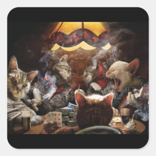 Pegatina Cuadrada Gatos jugando al póquer