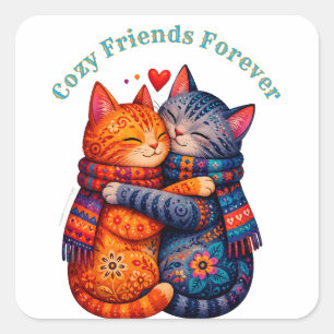 Pegatina Cuadrada Gatos Lindos con Bufandas Amigos Acogedores 🐱