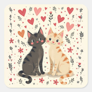 Pegatina Cuadrada Gatos Lindos del Día de San Valentín Retro