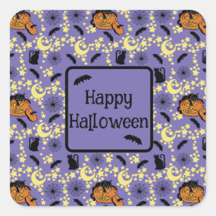 Pegatina Cuadrada Gatos, murciélagos y estrellas de Halloween