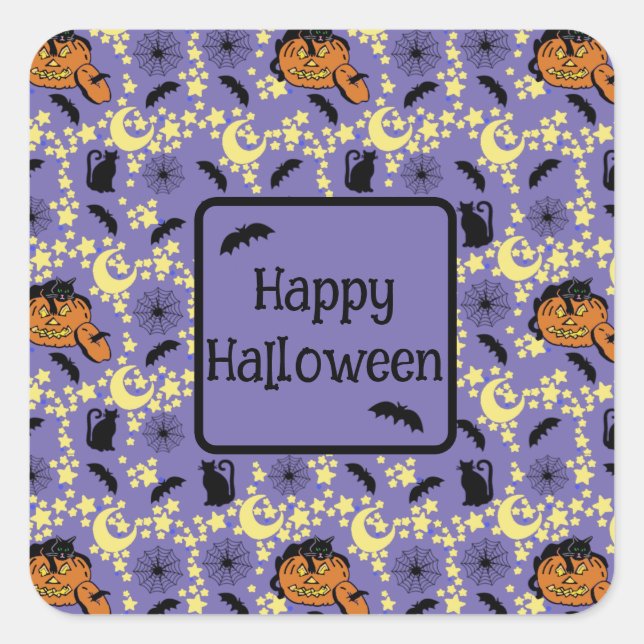 Pegatina Cuadrada Gatos, murciélagos y estrellas de Halloween (Anverso)