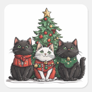 Pegatina Cuadrada Gatos Navideños Adorables