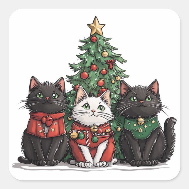 Pegatina Cuadrada Gatos Navideños Adorables (Anverso)