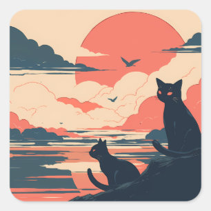 Pegatina Cuadrada Gatos negros animales al atardecer - Estilo japoné