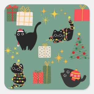 Pegatina Cuadrada Gatos negros de Navidad
