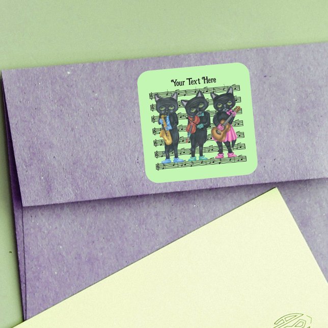 Pegatina Cuadrada Gatos negros músicos a la vista de instrumentos mu (Musical black cats playing instruments on sheet of black music notes on green sticker.)