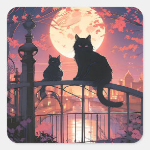 Pegatina Cuadrada Gatos negros y luna llena