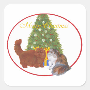 Pegatina Cuadrada Gatos Persas Rojo y Calico Navidad