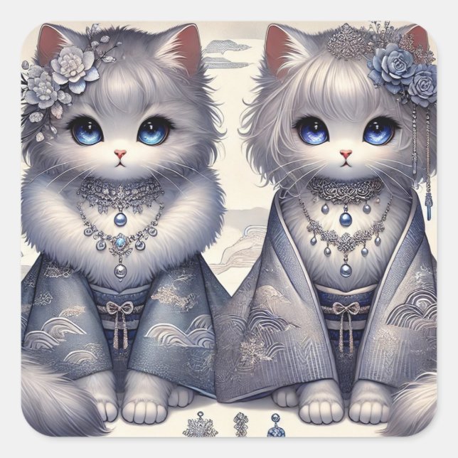 Pegatina Cuadrada Gatos Princesas de Kimono de Invierno (Anverso)