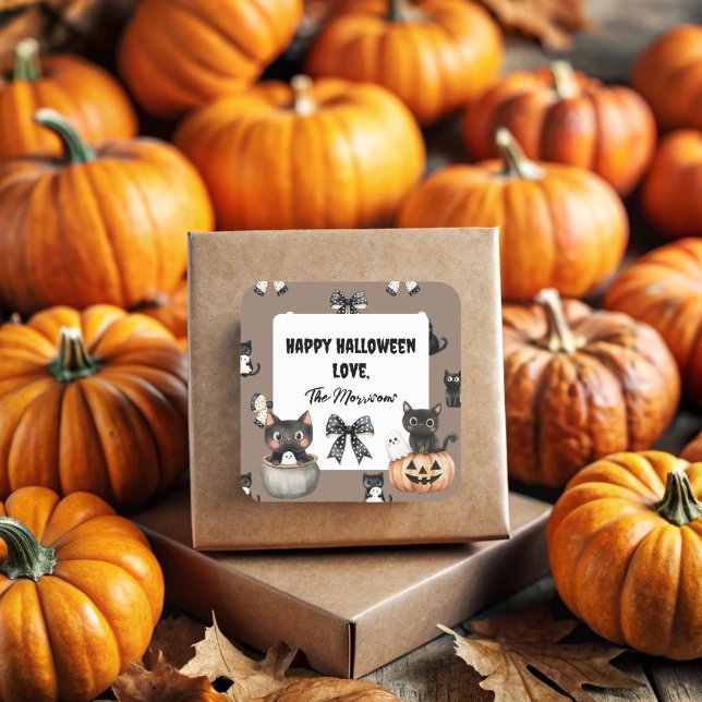 Pegatina Cuadrada Gatos sosteniendo fantasmas en bolsa de regalo neg (Cute Cats and ghosts Square Sticker)