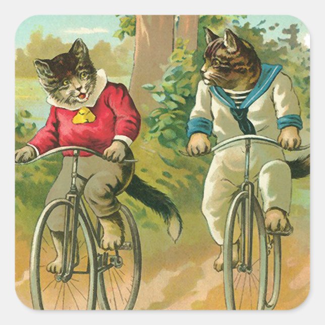 Pegatina Cuadrada Gatos vintage en bicicleta (Anverso)