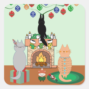 Pegatina Cuadrada Gatos y Navidades - Un Ilustracion de invierno