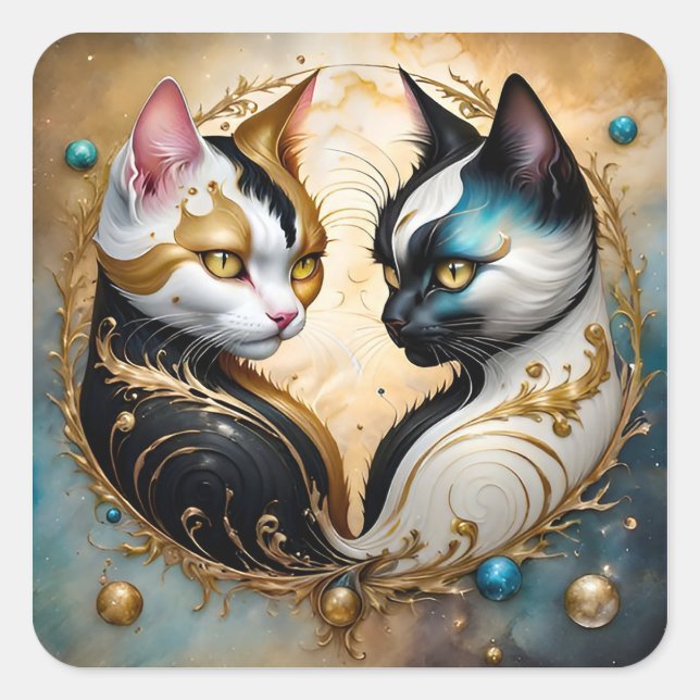 Pegatina Cuadrada Gatos Yin-Yang con Elementos Cósmicos Mágicos (Anverso)