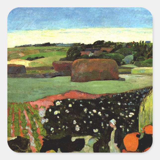 Pegatina Cuadrada Gauguin - Haystacks en Bretaña, (Anverso)