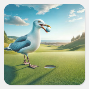 Pegatina Cuadrada Gaviota con una pelota de golf