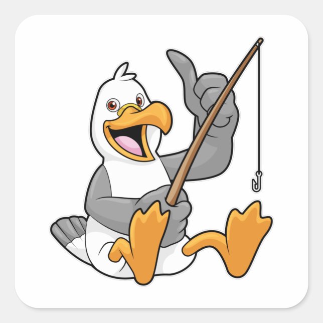 Pegatina Cuadrada Gaviota en la pesca con barra de pesca (Anverso)