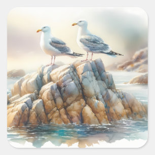 Pegatina Cuadrada Gaviotas Costeras Acuarela Paisaje Marítimo