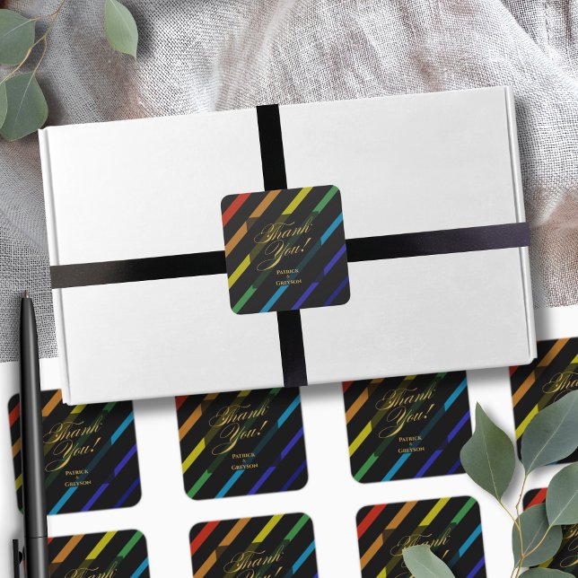 Pegatina Cuadrada Gay Men Wedding Elegant Rainbow Thank You (Subido por el creador)